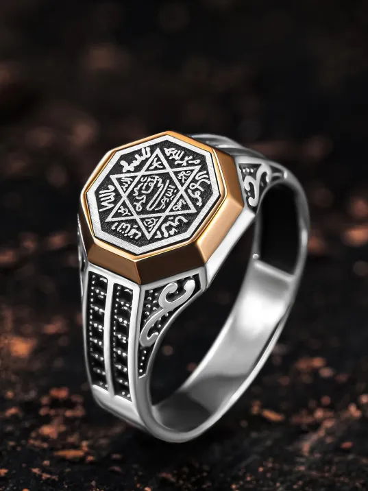 Erkek Gümüş Yüzük - Çift Zirkon Taşlı Hz. Süleyman Mührü Erkek Yüzük Erkek Gümüş Yüzük - Çift Zirkon Taşlı Hz. Süleyman Mührü Erkek Yüzük