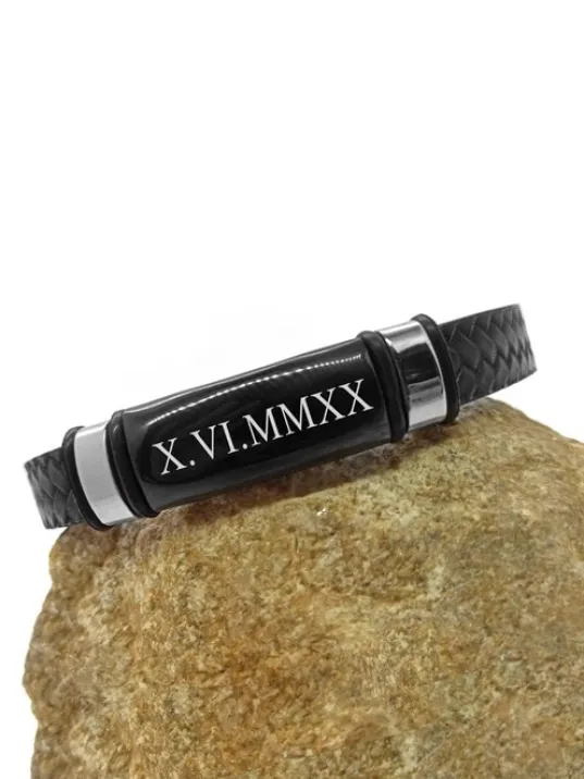 Kişiye Özel İsimli Örme Deri Siyah Erkek Çelik Bileklik Künye CBLKSYZLCLK-SYH