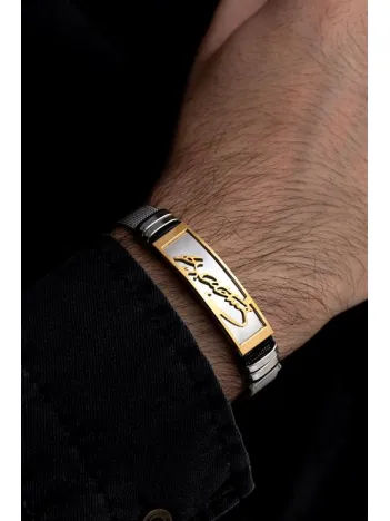 Erkek Çelik Bileklik - Sarı Mustafa Kemal Atatürk İmzalı Hasır Model Çelik Bileklik