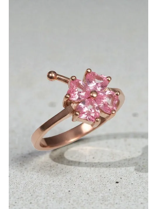 Kadın Gümüş Yüzük - Rose Kaplama Pembe Yonca Model Gümüş Yüzük