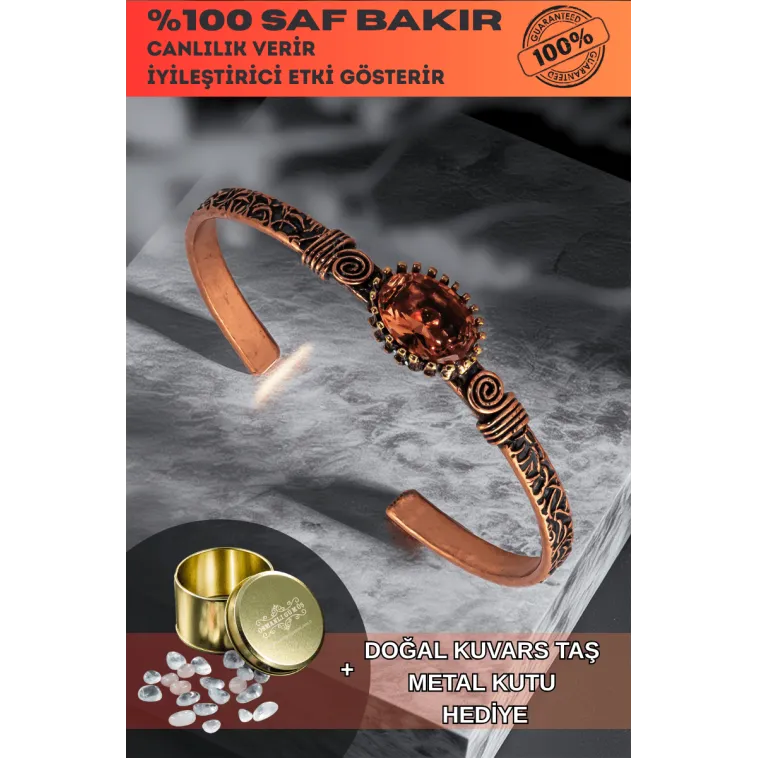 Kadın Bakır Bileklik - Zultanit Taşı Mekik Ağaç Kabuğu Model İnce Metal Kutu Kuvars Taşlı Bilezik