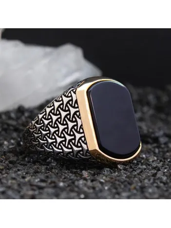 Siyah Oniks Taşlı Simetrik Desen Özel Seri Erkek Gümüş Yüzük