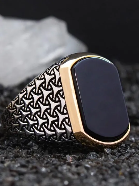Siyah Oniks Taşlı Simetrik Desen Özel Seri Erkek Gümüş Yüzük