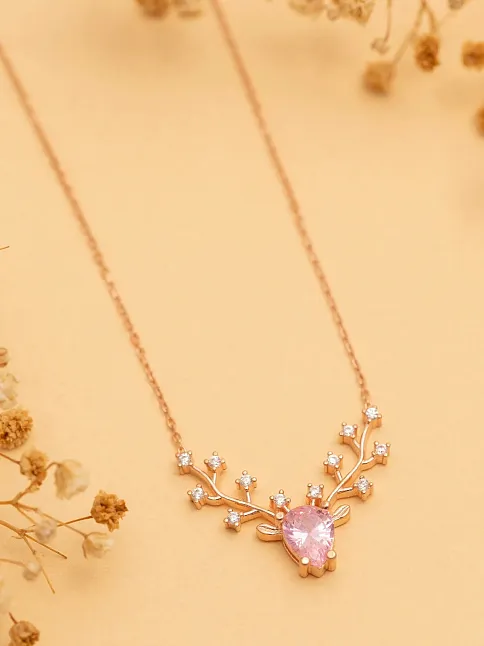 Kadın Gümüş Kolye - Pembe Taşlı Geyik Kafası Motifli Rose Altın Kaplama Gümüş Kolye