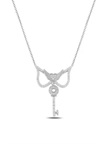 Zirkon Taşlı Kanatlı Anahtar Figürlü Gümüş Kadın Kolye GKLANHTRM1D-ROS