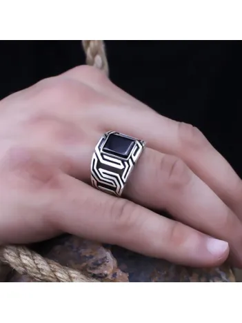 Siyah Oniks Taşlı Zincir Model Özel Seri Erkek Gümüş Yüzük