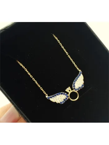 Sarı Lacivert Tektaşlı Kanatlı Altın Kaplama Bayan Gümüş Kolye