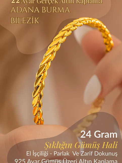 Kadın Gümüş Bileklik - Adana Burma 24 gr 22 Ayar Altın Kaplama (Kararmaz) Gümüş Bilezik