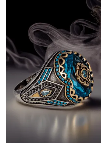 Erkek Mavi Zirkon Taşlı Sportif Model İnce Kibar 925 Ayar Gümüş Yüzük