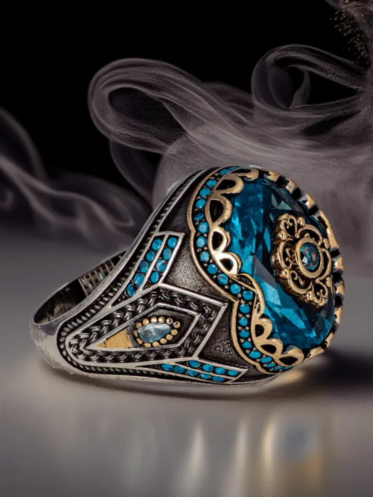 Erkek Mavi Zirkon Taşlı Sportif Model İnce Kibar 925 Ayar Gümüş Yüzük