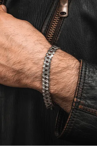 925 Ayar Gümüş Kılıç İşlemeli Erkek Bileklik Özel Geçirmeli Klips Tasarım Şerit Model