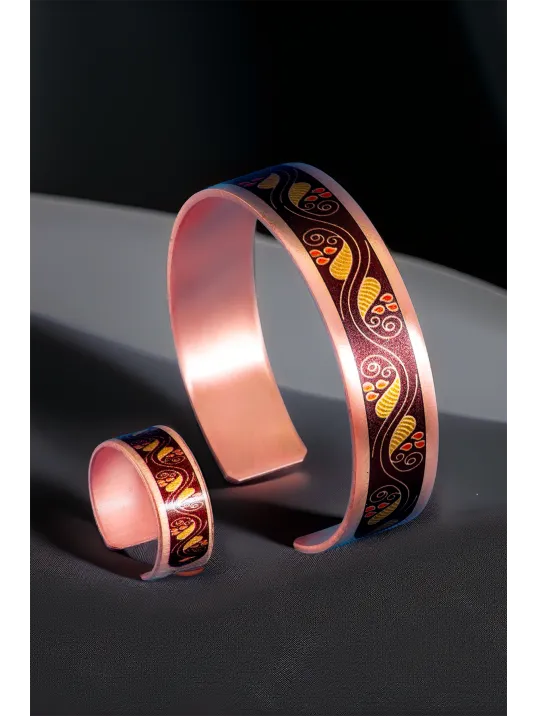 Kadın Bakır Bileklik Yüzük Set - Sonbahar Model Özel Baskı Metal Kutu Ve Kuvars Taşı Kadın Bakır Bileklik Yüzük Set - Sonbahar Model Özel Baskı Metal Kutu Ve Kuvars Taşı