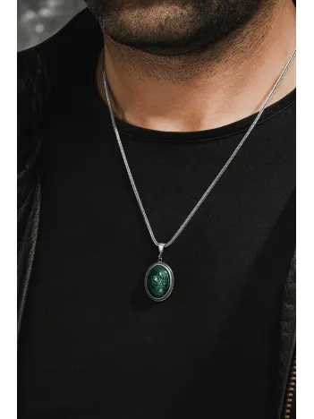 Erkek Gümüş Kolye - Yeşil Hz. Süleyman Mührü Erkek Gümüş Kolye