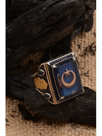 Mineli Ay Yıldız İşlemeli Mavi Zirkon Taş Süslemeli 925 Ayar Gümüş Erkek Yüzük GYZAYYYILDZ-MAV