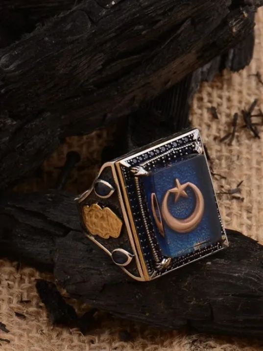 Mineli Ay Yıldız İşlemeli Mavi Zirkon Taş Süslemeli 925 Ayar Gümüş Erkek Yüzük GYZAYYYILDZ-MAV