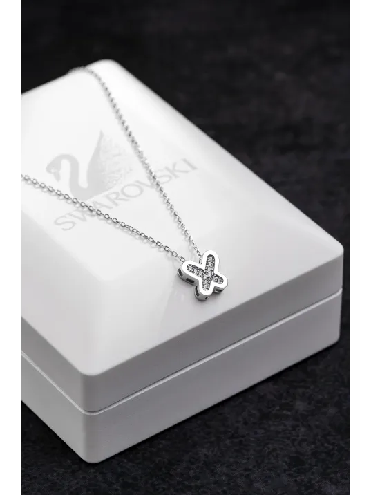 Kadın Gümüş Kolye - Swarovski Taşlı Zirconia X Kelebek Motifli Kadın Kolye