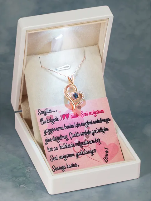 Sevgiliye Hediye - 100 Dilde Seni Seviyorum Kolyesi Hediye Paketli Özel Notlu Kadın Gümüş Kolye