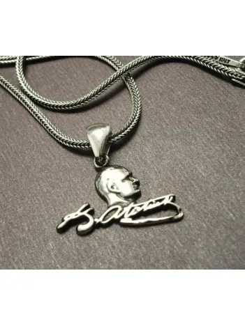 Gümüş Atatürk İmzalı Erkek Zincir Kolye