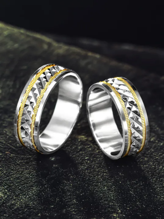 Erkek Kadın Gümüş Alyans - Ortası Zikzak Model Yanı Altın Kaplama Şerit Erkek Kadın Yüzük