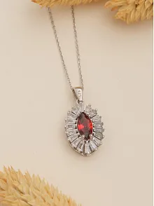 Kadın Gümüş Kolye - Damla Model Yakut Taşlı Baget Süslemeli Rodyumlu Kadın Kolye