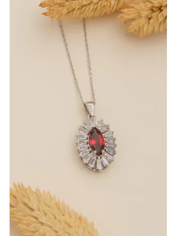 Kadın Gümüş Kolye - Damla Model Yakut Taşlı Baget Süslemeli Rodyumlu Kadın Kolye