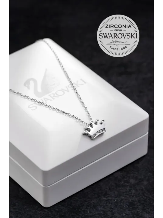 Kadın Gümüş Kolye - Swarovski Taşlı Zirconia İçi Taşlı Taç Motifli Kadın Kolye