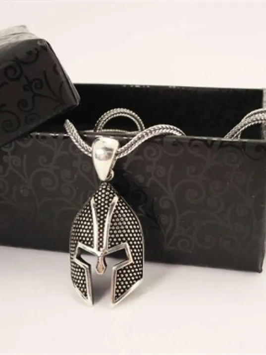 Gladyatör Otantik Savaşçı Miğferi Gümüş Erkek Kolye Zincir