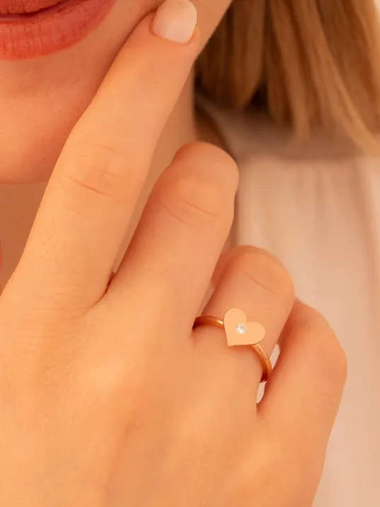 Kadın Gümüş Yüzük - El İşçiliği Rose Kaplama Kalp Motifli Zirkon Taşlı Kadın Yüzük