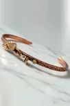 Kadın Bakır Bileklik - Çift Yaprak Motifli Kelepçe Model Bileklik Bilezik Metal Kutu Ve Doğal Taşlar