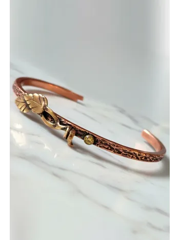 Kadın Bakır Bileklik - Çift Yaprak Motifli Kelepçe Model Bileklik Bilezik Metal Kutu Ve Doğal Taşlar