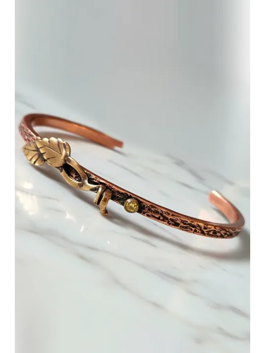 Kadın Bakır Bileklik - Çift Yaprak Motifli Kelepçe Model Bileklik Bilezik Metal Kutu Ve Doğal Taşlar