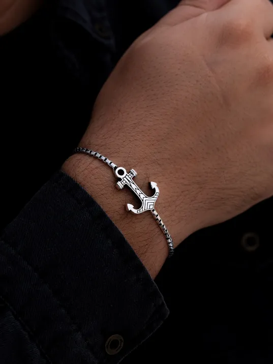 Erkek Gümüş Bileklik - Küp Zincirli Çapa Model Gümüş Bileklik