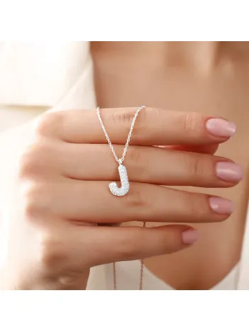 Kadın Gümüş Kolye - J Harfi Zirkon Taşlı Balon Harf Kadın Kolye