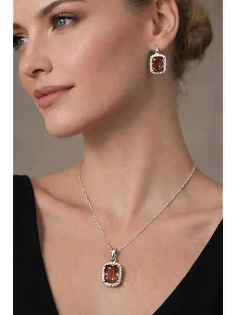 Kadın Gümüş Kolye Küpe Set - Kare Model Zultanit Taşlı Kadın Gümüş Set