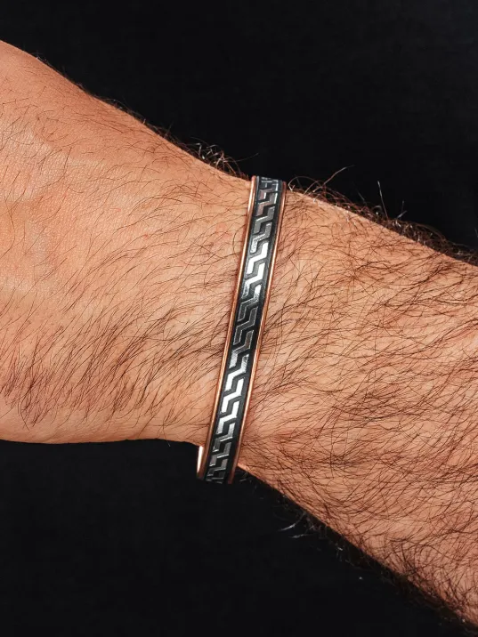 Erkek Kadın Bakır Bileklik - Siyah Hakiki Deri Omega Desenli Mıknatıslı Metal Kutu Doğal