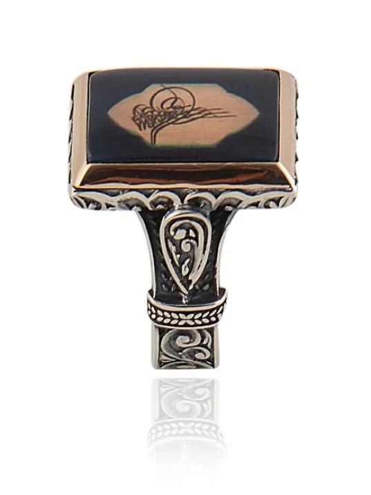 Osmanlı Tuğralı Kare Model Gümüş Erkek Yüzük  GYZOSMNLITG-GMS