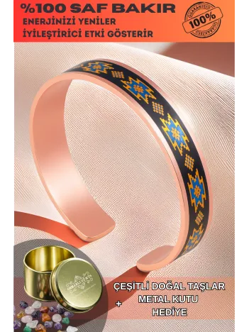 Kadın Bakır Bileklik - Alice Model Özel Baskı Metal Kutu Ve Doğal Taşlar