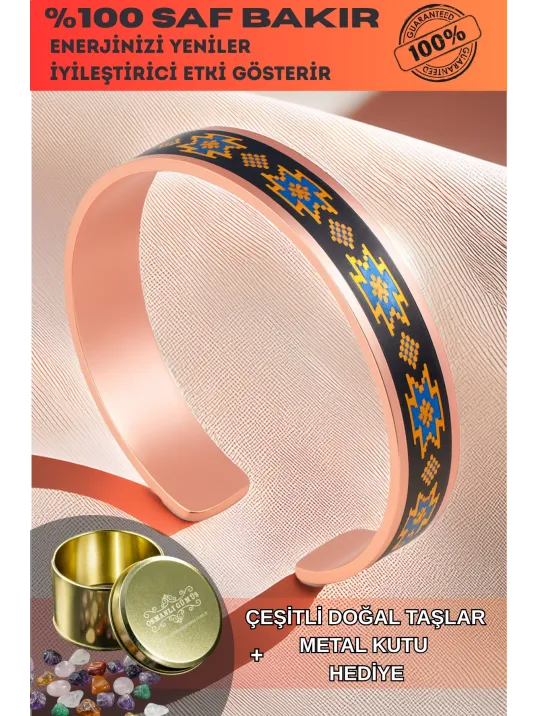 Kadın Bakır Bileklik - Alice Model Özel Baskı Metal Kutu Ve Doğal Taşlar