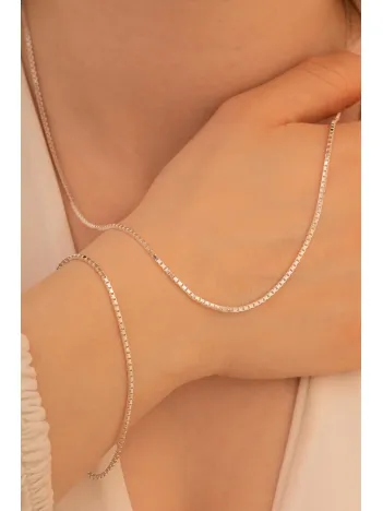 Kadın Gümüş Kolye Bileklik Set - 925 Ayar 1.5mm Küp Zincir Gümüş Set