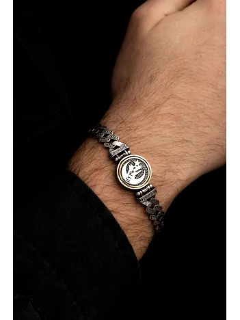 Erkek Gümüş Bileklik - Göktürkçe Türk Yazılı Bozkurt Ve Ayyıldız Ortası Dönen Model Gümüş Bileklik