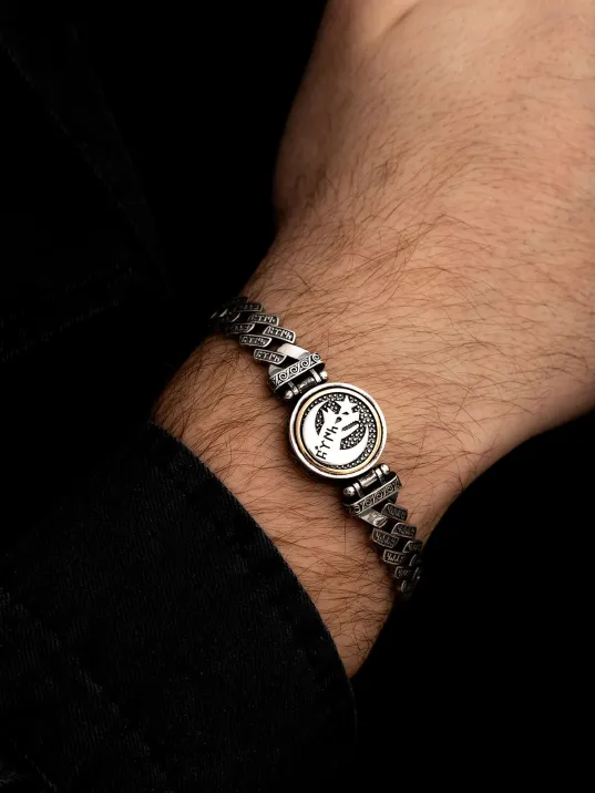 Erkek Gümüş Bileklik - Göktürkçe Türk Yazılı Bozkurt Ve Ayyıldız Ortası Dönen Model Gümüş Bileklik