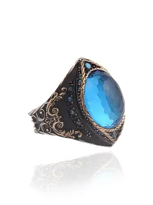 Gravür Taşlı Oval Aquamarin Erkek Gümüş Yüzük