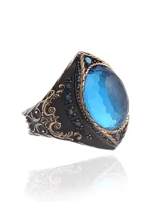 Gravür Taşlı Oval Aquamarin Erkek Gümüş Yüzük