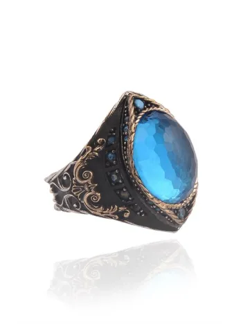 Gravür Taşlı Oval Aquamarin Erkek Gümüş Yüzük