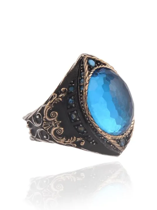 Gravür Taşlı Oval Aquamarin Erkek Gümüş Yüzük