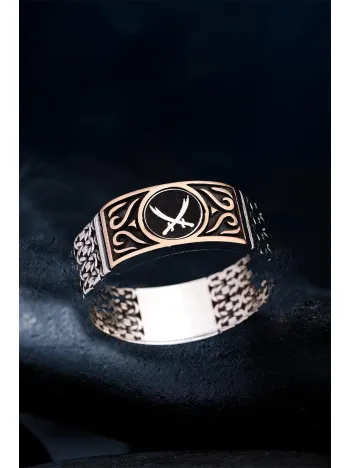 Erkek Gümüş Yüzük - Siyah Çift Zülfikar Kılıcı Zincir Motifli İnce Kibar Erkek Yüzüğü