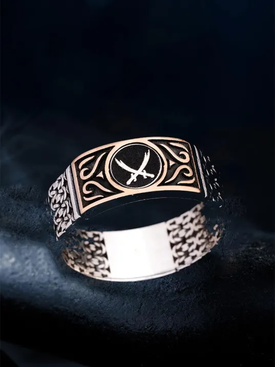 Erkek Gümüş Yüzük - Siyah Çift Zülfikar Kılıcı Zincir Motifli İnce Kibar Erkek Yüzüğü