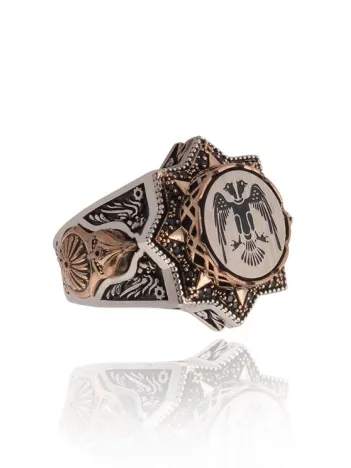 Çift Başlı Selçuklu Kartalı Model Miğfer Kalkan İşlemeli Koleksiyonluk Erkek Gümüş Yüzük