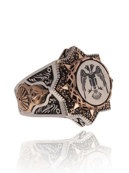 Çift Başlı Selçuklu Kartalı Model Miğfer Kalkan İşlemeli Koleksiyonluk Erkek Gümüş Yüzük