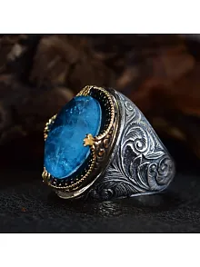 Mavi Paraiba Taşlı Erzurum Kalem İşlemeli Gümüş Erkek Yüzük GYZMAVIPRBY-GMS
